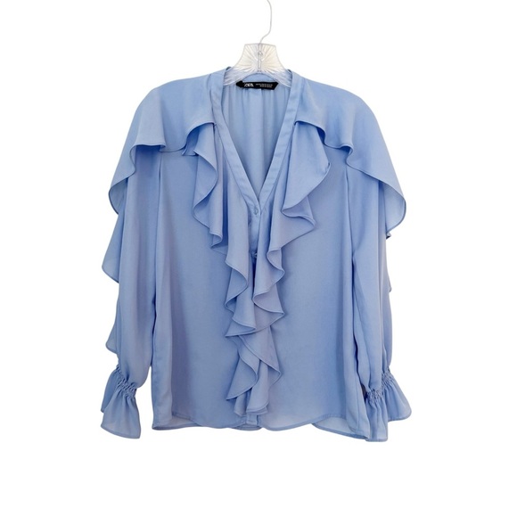 Zara Blue Long Sleeves Ruffle Blouse size XS - Picture 2 of 7